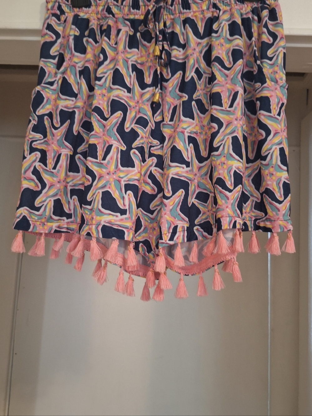 Simply Southern Blue Pink Starfish Print Cute Tassel Shorts. Size L/XL